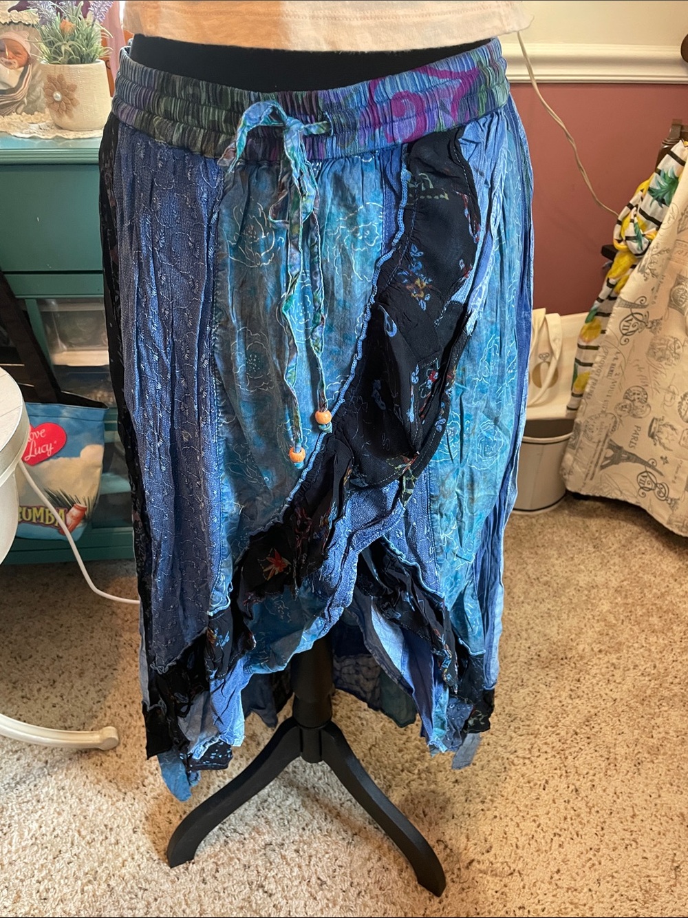 Boho Blue Patchwork Midi Skirt with Drawstring Waist Young Threads  M